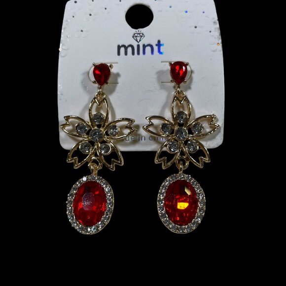 Elegant Gold-Tone Drop Earrings Red Crystals Floral Dangle Wedding Party Glam - Picture 2 of 5